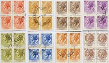 FRANCOBOLLI ITALIA TURRITA SERIE SIRACUSANA RARI. OTTO SERIE IN QUARTINE USATE.