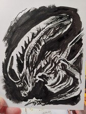 Xenomorfo Alieno Arte Originale 7 x 5,5 Illustrazione Inchiostro su Tavola Bristol Firmato