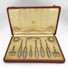 ANTICO SET MANICURE CHERUBINI FRANCESI GRADO 950 ARGENTO DORATO GENNAIO QUERCIA c1920