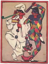 Locandina illustrata GP, Carnevale, con Pulcinella, Arlecchino e piccolo cane m