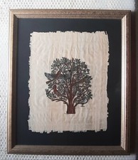 Quadro dipinto egiziano su papiro albero della vita uccelli 