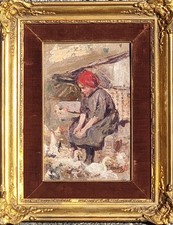 Mosè Bianchi  ( Monza 1840-1904 ). La guardiana del pollaio,  olio su cartone .