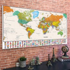 World Map Poster Flags Giant Size 150x100cm Prints School Office Wall Decor