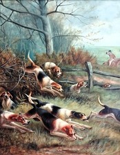 THE FOX HUNT. SIGNED E. HERBERT, OIL ON TABLEX. ENGLAND. FINALS XIX