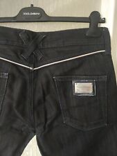 DOLCE & GABBANA PANTS DENIM BLACK PIPING JEANS TROUSERS LEATHER BLUE LOGO TAB