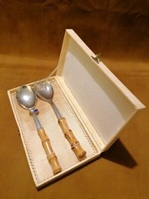 Coppia posate insalata, anni 60, acciaio e bambù, mai usate