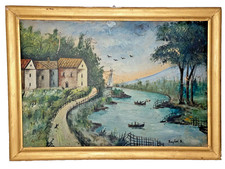 Dipinto Paesaggio Fiume Barche