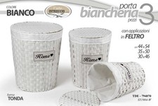 SET 3 CESTE VIMINI Portabiancheria BAGNO SALOTTO CONTENITORE BIANCO TONDO