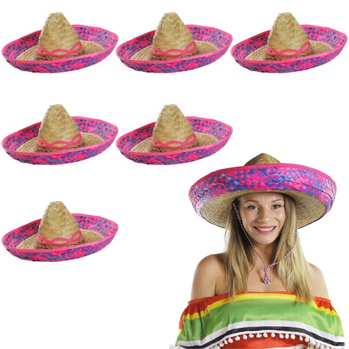 Pink straw sombrero hat pack - hat, 6