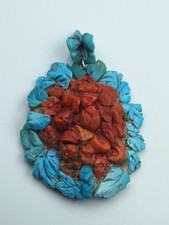 ciondolo Antico corallo Rosso Turchese Naturale e Argento 800 Pendente Cammeo