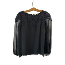 Camicetta Bailey 44 chiffon pizzo orlo donna S blu navy manica lunga 100% seta