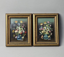 ANTICA COPPIA DI QUADRETTI MINIATURE VASO FIORI DIPINTI OLIO CORNICI CON VETRO