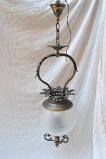 Lampadario Vintage Modernariato Ottone Sfera in Vetro Opalino con Decoro h90 cm