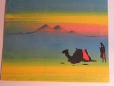 SCUOLA EGIZIA XX DISEGNO ACQUERELLO BEDUINO CAMMELLO EGITTO ORIENTALISTA 1920