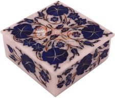 Scatola Organizer Gioielli 4"x4"x2" Bianca Lapislazzuli Intarsio Fiori Arte Regalo Natale