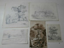 Lotto 5 Antichi disegni Matita Acquerello Paesaggio Roma Lungotevere