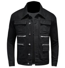 Giacca jeans uomo cotone nero denim moto multitasche punk hip hop jacket