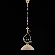 Sospensione Rustica 1Luce Ferro Battuto Avorio E Oro Vetro Ambra Serie Faraone