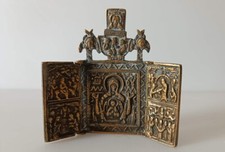 Piccola Vecchia Antica Icona Russa In Bronzo Da Viaggio Trittico Sulla Madonna 