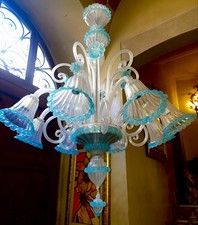 lampadario Barovier&Toso opalino e turchese, Murano, Venezia, 8 luci