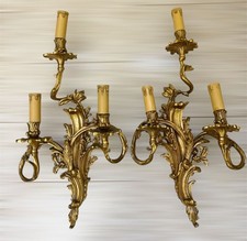 Coppia Applique in Bronzo Dorato a 3 Luci Stile Luigi XV Rocaille Antico Frances