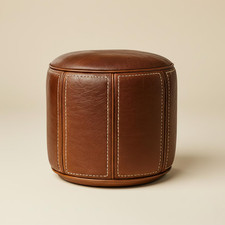 Pouf ottomano rotondo in pelle fatto a mano, pouf poggiapiedi in pelle marrone scuro, pelle