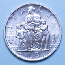 VITTORIO EMANUELE III 5 LIRE 1937 ANNO XV IMPERO RARA SPL ARGENTO REGNO ITALIA