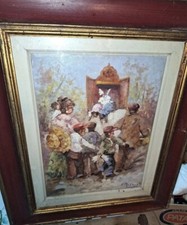 Dipinto Antico Ad Olio .teatrino Di Pupi