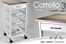 CARRELLO CUCINA LEGNO 3 CESTE PORTA FRUTTA CASSETTO ROBUSTO RUOTE GRIGIO 76*37cm