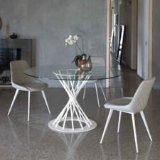 TAVOLO TONDO FISSO Ø 120/140 BASE IN ACCIAIO B/N CON PIANO IN LEGNO O VETRO *611