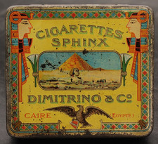 Vecchia scatola di latta Dimitrino Sphynx 20 Egitto sigarette sigarette latta