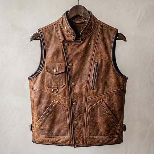 Gilet moto uomo pelle marrone - gilet,