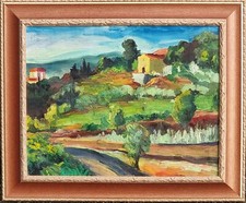 Giovanni Omiccioli (Roma 1901-1975). Paesaggio di campagna con case , olio 1957