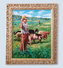 Pericle Sarti scena rurale, pascolo pecore, pastore, dipinto olio originale firmato