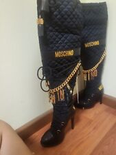 Moschino per h&m stivali nero sopra ginocchio LOGO pendente trapuntato 38 