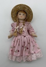 Bambola In Fine Porcellana Rosa Porcelain Doll Con Cappello Paglia Bimba 17 Cm