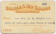 1908 Colorado RAILROAD Pass ? Sistema DENVER & RIO GRANDE RR LAS VEGAS & Tonopah