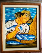 GIUSEPPE MIGNECO - 40 X 50 OLIO SU TAVOLA  - PESCATORE - COPIA D'AUTORE