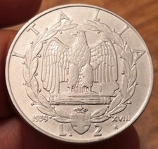 Moneta 2 Lire 1939 XVIII Impero Legg Magnetica, Vittorio Emanuele III, Rif. 7012