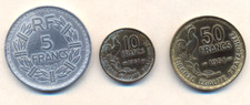 Set 3 coins France Francia 5 Francs 1947 + 50 Francs   + 10 Francs 1951