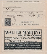 1919 biglietto postale 15c con pubblicità  WALTER MARTINY  gomme piene per auto