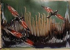 Sage Vernis, Les Oiseaux, olio su Cartone, 1974, 49,4x69 5 cm.