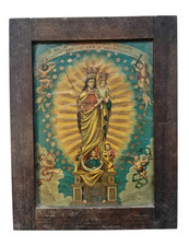 *HH* Antico Quadro Religioso Devozionale Stampa Madonna Con Bambino Angeli Sacra