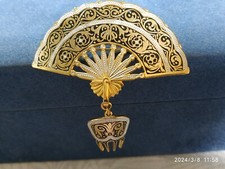 SPILLA VENTAGLIO DAMASCENE SPAGNOLA METALLO DORATO INCISA GIOIELLO DI TOLEDO