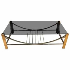 Tavolino da caffè Mid-Century moderno italiano in ottone, acciaio e vetro fumè, 1970