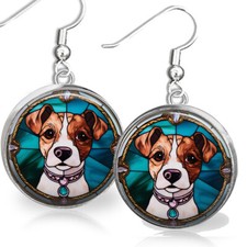 Jack Russel Terrier Earrings Dog Faux Stained Glass Art Print Sterling Dangle