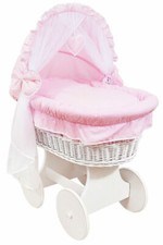 SET BIANCHERIA DA LETTO COMPLETO BAMBINO CON BALDACCHINO PER ADATTARSI CESTO IN VIMINI ROSA