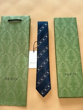 Cravatta Gucci Uomo Ape WEB Blu Mezzanotte 100% Seta Più Larga 2,75" Confezione Originale