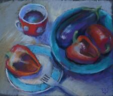 Quadro dipinto fatto a mano sulla carta, pittura grafica natura morta 28x23 cm