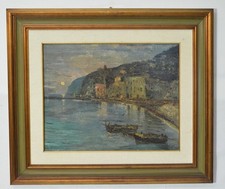 Antico dipinto olio su tela – Scena notturna marina, quadro firmato XIX sec.